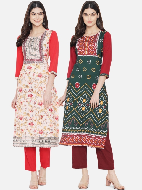 

KALINI Women Pack Of 2 White & Green Digital Printed Straight Kurta