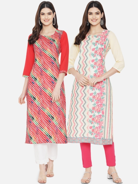 

KALINI Women Pack Of 2 Red & Cream Floral & Leheriya Printed Kurta