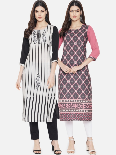 

KALINI Pack of 2 Women Black & Pink Ethnic Motifs Printed Crepe Kurta