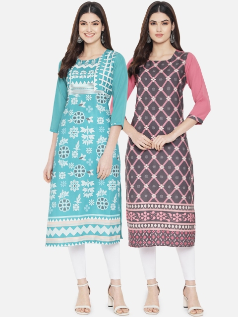 

KALINI Women Pack Of 2 Green & Grey Printed Crepe Kurta