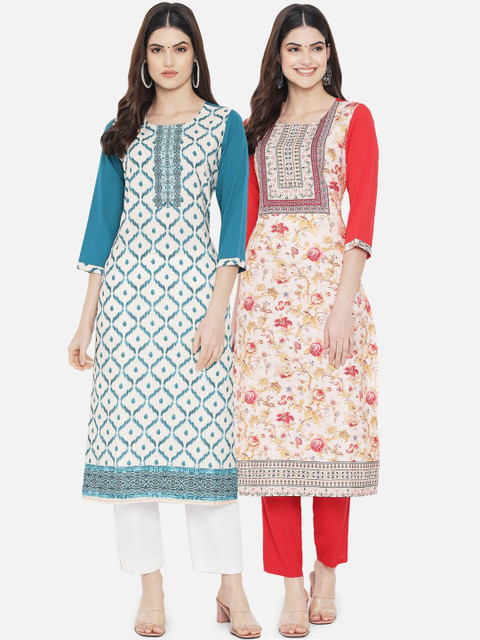 

KALINI Women Blue & Red Set Of 2 Printed Straight Crepe Kurta