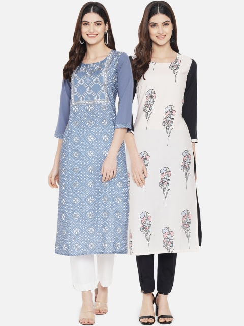 

KALINI Women Pack of 2 Blue & White Printed Crepe Kurta
