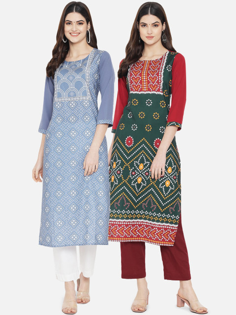

KALINI Women Pack Of 2 Blue & Green Ethnic Motifs Printed Crepe Kurta