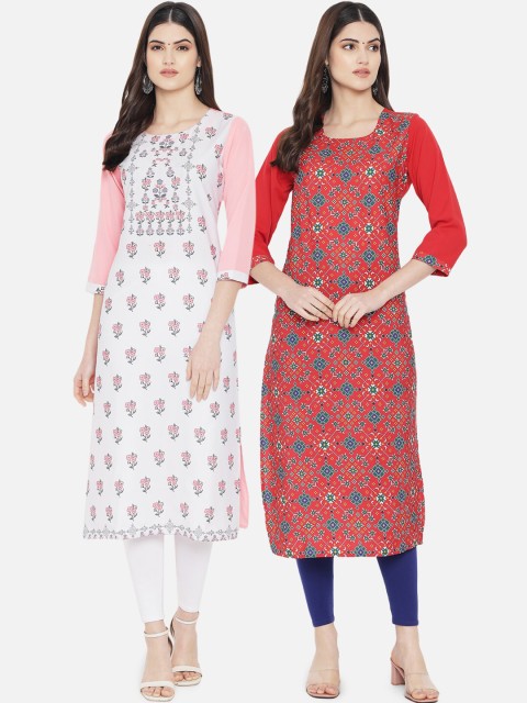 

KALINI Women Pack Of 2 White & Red Ethnic Motifs Printed Crepe Kurta