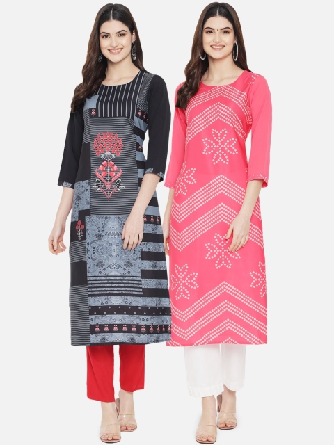 

KALINI Pack of 2 Women Black & Pink Ethnic Motifs Printed Crepe Kurta