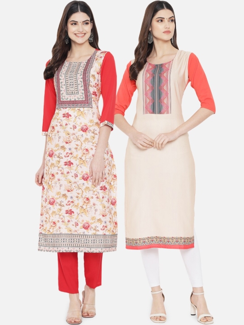 

KALINI Women Pack of 2 Cream-Coloured Digital Printed Straight Kurtas