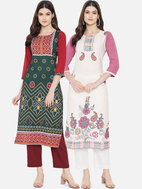 

KALINI Women Set of 2 Ethnic Motifs Printed Crepe Kurta, Green