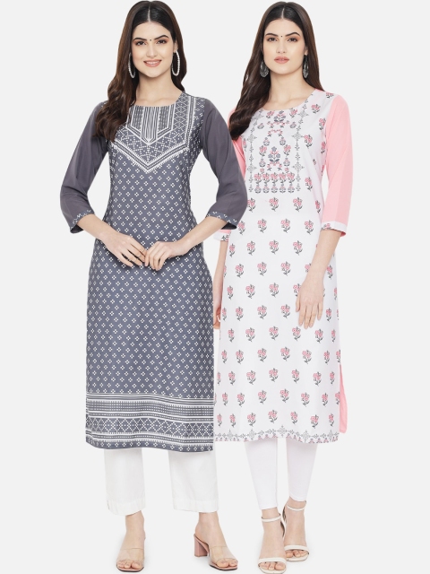 

KALINI Women Pack of 2 White & Grey Printed Crepe Straight Kurta
