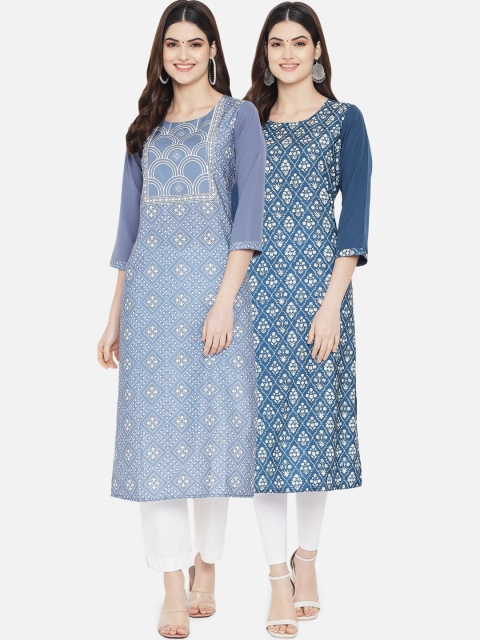 

KALINI Women Blue & Grey Set Of 2 Printed Straight Crepe Kurta