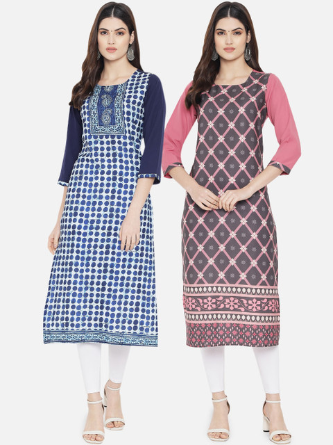 

KALINI Women Pack of 2 Navy Blue & White Printed Crepe Kurta