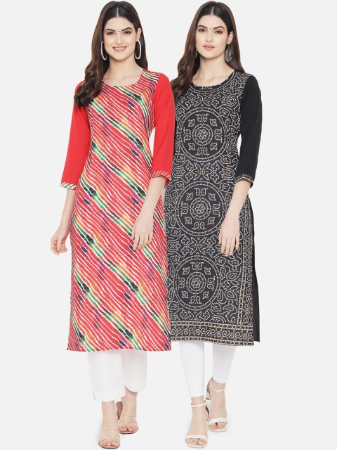 

KALINI Women Pack Of 2 Orange & Black Geometric Printed Crepe Kurta