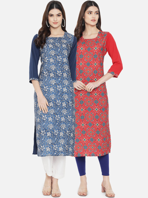 

KALINI Pack of 2 Women Blue & Red Ethnic Motifs Printed Crepe Kurta
