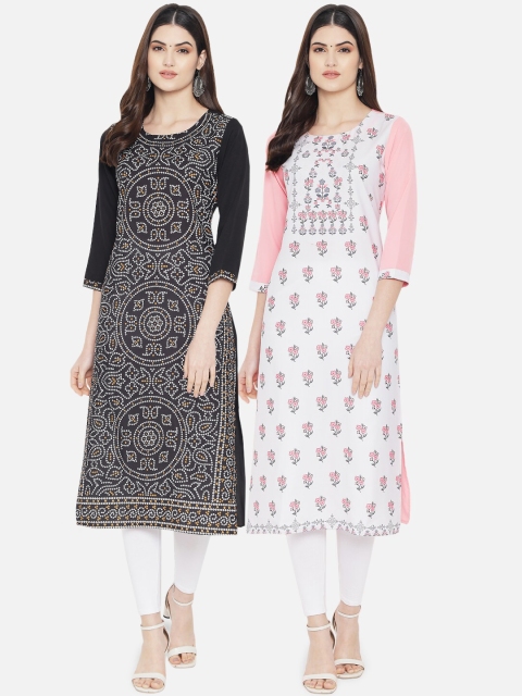 

KALINI Women Pack of 2 Printed Crepe Kurtas, Black