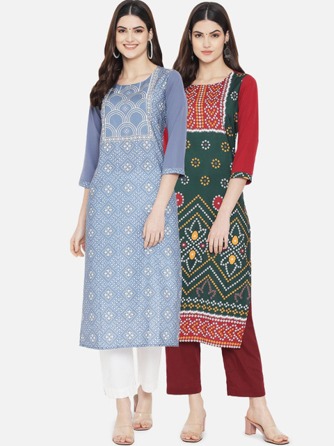 

KALINI Women Set of 2 Ethnic Motifs Printed Crepe Kurta, Blue