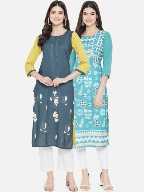 

KALINI Women Pack of 2 Blue & Yellow Printed Crepe Straight Kurta