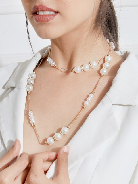 

ToniQ Gold-Plated & White Artificial Beads Layered Necklace
