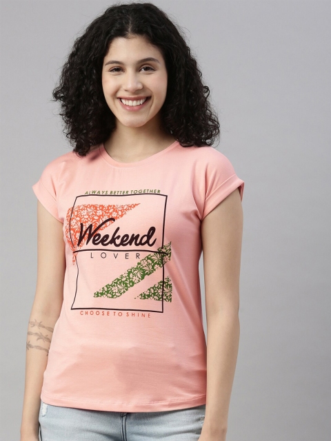 

GOLDSTROMS Women Pink Printed Training or Gym T-shirt