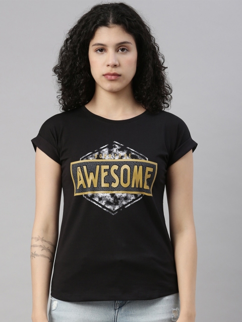 

GOLDSTROMS Women Black Typography Printed Extended Sleeves T-shirt
