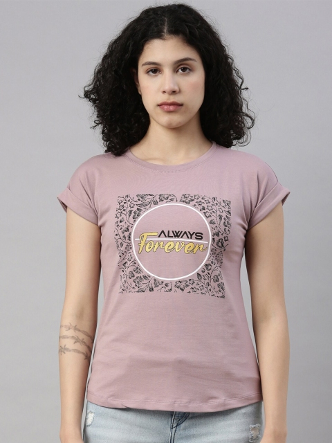 

GOLDSTROMS Women Mauve Typography Printed Training or Gym T-shirt