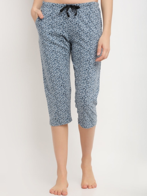 

Kanvin Blue Printed Regular Fit Cropped Cotton Lounge Pants