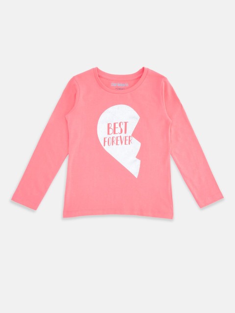 

Pantaloons Junior Girls Coral & White Typography Printed Pure Cotton T-shirt