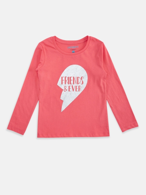 

Pantaloons Junior Girls Coral & White Typography Printed Pure Cotton T-shirt
