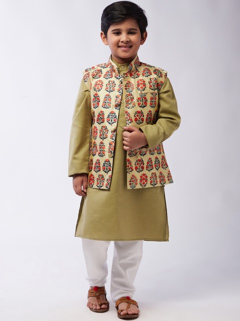 

SOJANYA Boys Green & Off White Kurta with Pyjamas & Nehru Jacket