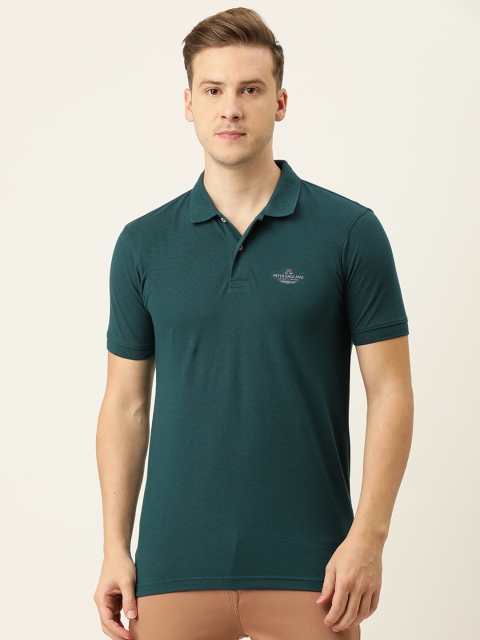 

Peter England Men Teal Green Brand Logo Printed Polo Collar Slim Fit T-shirt