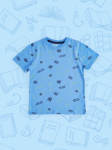 

Pantaloons Junior Boys Blue & Black Printed Pure Cotton T-shirt