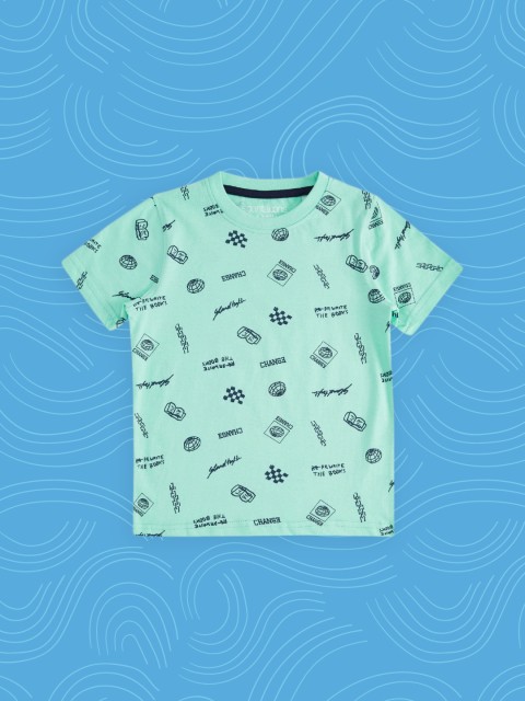 

Pantaloons Junior Boys Green Printed Pure Cotton T-shirt