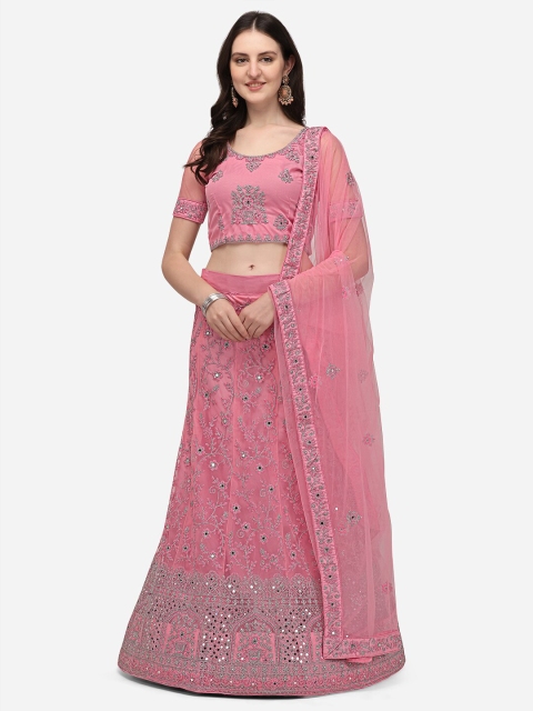

VRSALES Pink Embroidered Mirror Work Semi-Stitched Lehnga Choli Set