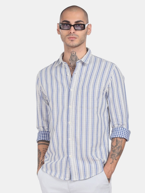 

Ruggers Men White & Blue Striped Pure Cotton Casual Shirt