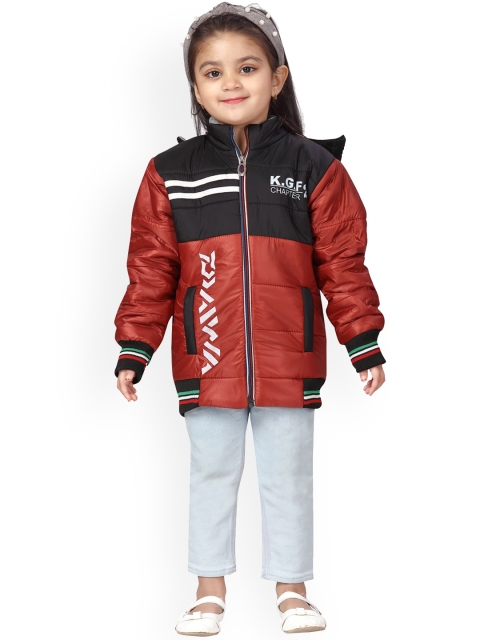 

Aarika Girls Coffee Brown & Black Colourblocked Hooded Water Resistant Padded Jacket