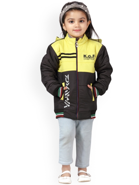 

Aarika Girls Yellow & Black Colourblocked Water Resistant Longline Bomber Jacket