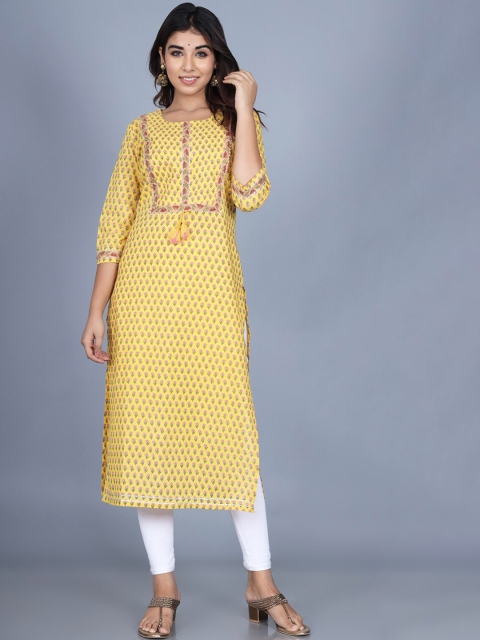 

Swasti Women Yellow Ethnic Motifs Printed Gotta Patti Floral Cotton Kurta