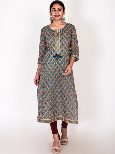 

Swasti Women Blue & Coral Ethnic Motifs Printed Cotton Floral Kurta