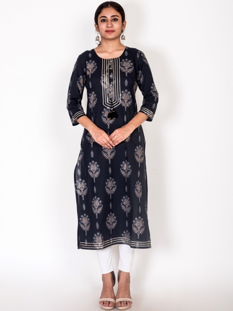 

Swasti Women Navy Blue & Beige Ethnic Motifs Printed Cotton Kurta