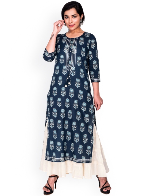 

Swasti Women Blue & White Floral Printed Cotton Floral Kurta