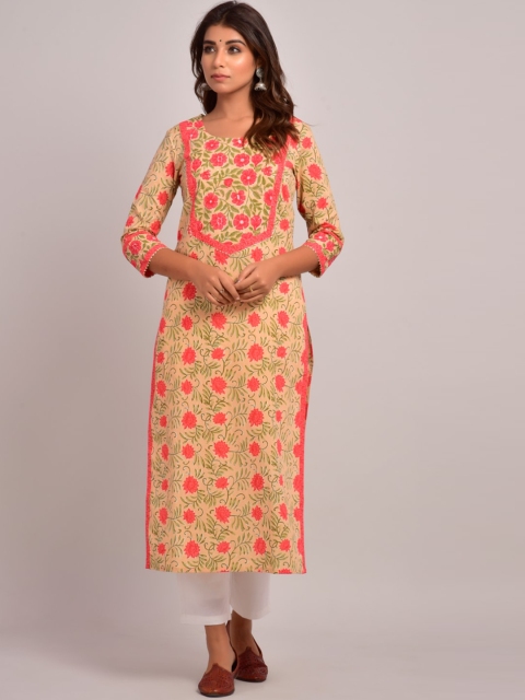 

Swasti Women Peach-Coloured Floral Printed Cotton Kurta