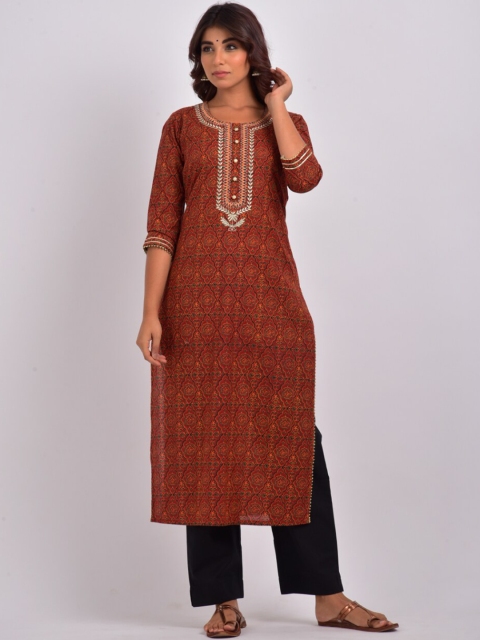 

Swasti Women Rust Thread Work Cotton Floral Kurta