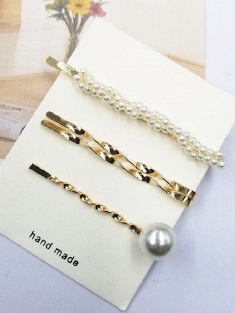 

OOMPH Women Gold-Toned & White Set of 4 Embellished Bobby Pins