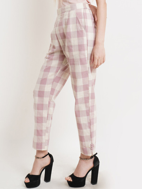 

Purple State Women Pink & Off White Checked Comfort Cotton Trousers