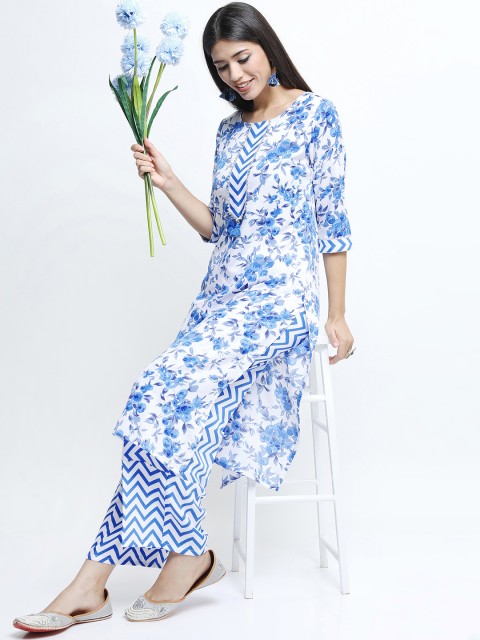

Vishudh Women Off-White & Blue Floral Printed Straight Kurta