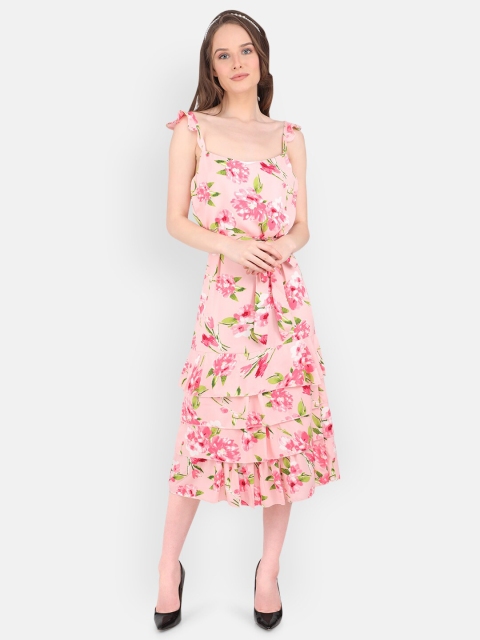

MARC LOUIS Peach-Coloured & Pink Floral Georgette Midi Dress