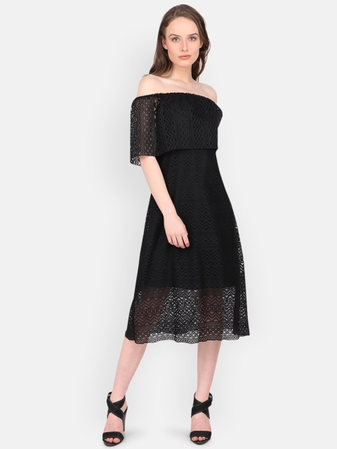 

MARC LOUIS Black Off-Shoulder Organic Cotton Net Midi Dress
