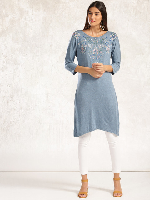 

Anouk Women Blue Printed Asymmetric Straight Kurta