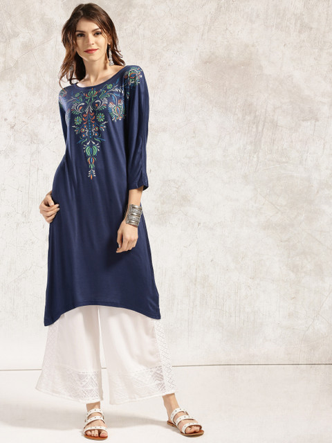 

Anouk Women Navy Blue Embroidered Asymmetric Kurta