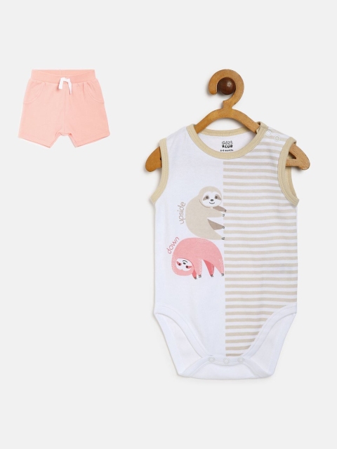 

MINI KLUB Infant Boys White & Peach-Coloured Printed Pure Cotton Body Suit With Shorts