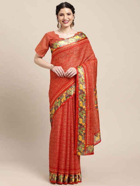 

Mitera Red & Lime Green Ethnic Motifs Silk Cotton Saree
