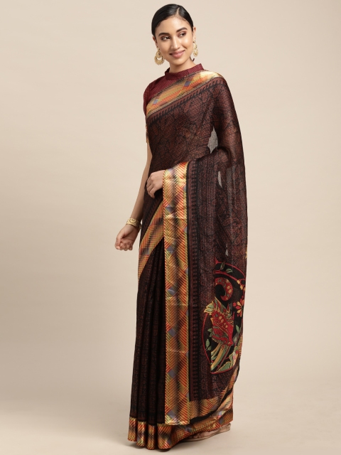 

Mitera Coffee Brown & Yellow Ethnic Motifs Silk Cotton Saree